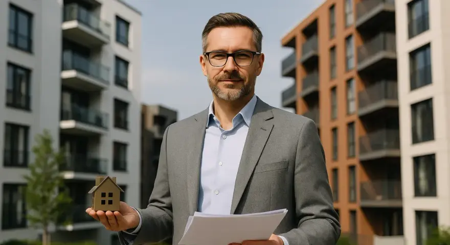 Makler hält Hausmodell und Dokumente vor Neubauten in Bonn. Infos zur Mietpreisbremse Bonn.