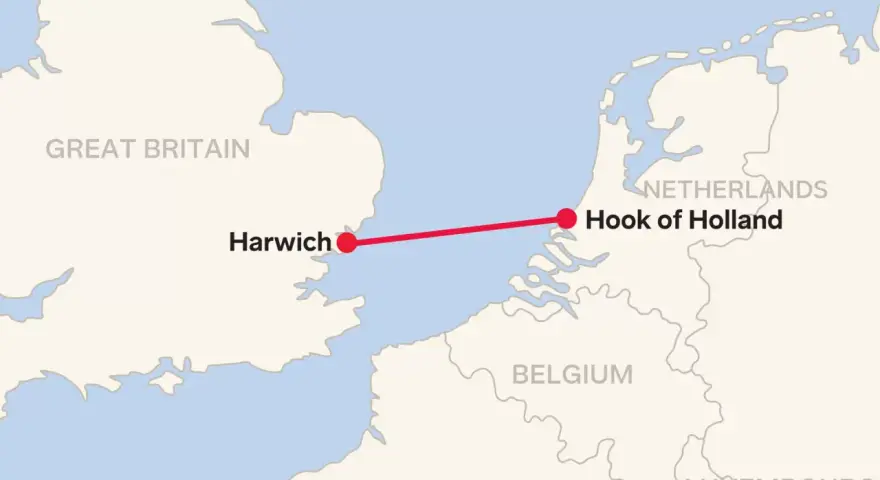 Mapa pokazuje trasę promową z Harwich w Wielkiej Brytanii do Hook of Holland w Holandii.