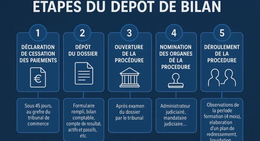 Les étapes du dépôt de bilan d'une SARL et les conséquences pour le gérant : déclaration, dépôt du dossier, ouverture, nomination des organes, déroulement.
