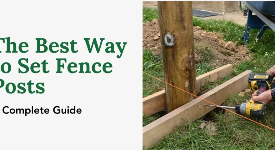 Learn how to install fence posts with this guide. A person uses a drill to secure wooden braces around a fence post.