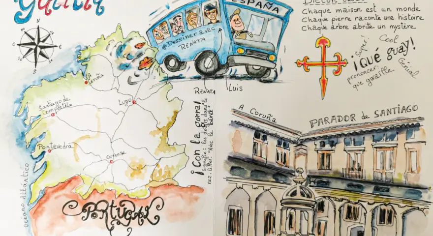 Un dessin de voyage en Galice, avec une carte, un bus "España" et le Parador de Santiago.