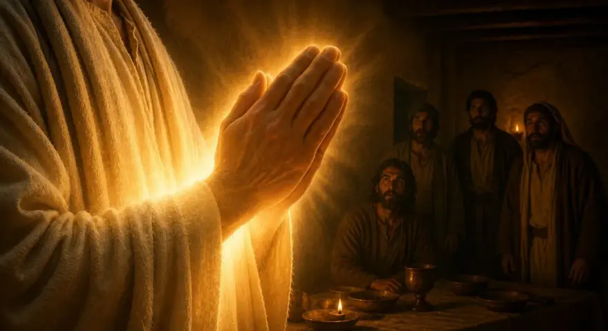Jesus betet im Licht, seine Hände gefaltet, während Jünger in Johannes 17 Zeugen seiner Herrlichkeit werden.