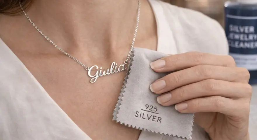 Collana con nome "Giulia" in argento 925, lucidata con un panno apposito. Cos'è il silver? È questo metallo prezioso che brilla.