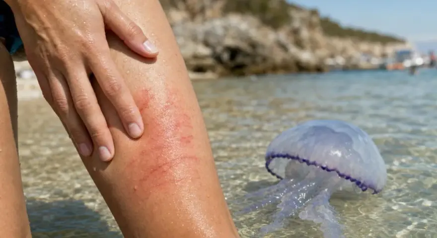 Gamba con eritema da puntura di medusa. Cosa fare in caso di contatto con questi organismi marini.