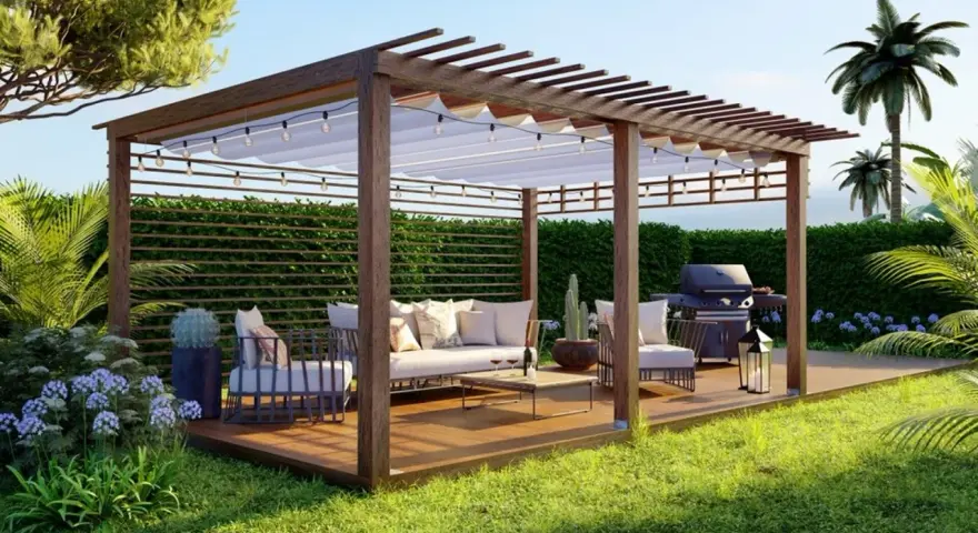 Pergola de madera con muebles cómodos, parrilla y luces, ideal para disfrutar del exterior.