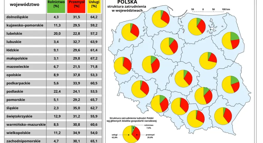 Struktura zatrudnienia w Polsce: dane procentowe dla rolnictwa, przemysłu i usług w poszczególnych województwach.