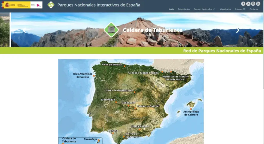 Mapa interactivo de los parques nacionales de España, mostrando la Caldera de Taburiente y otros destinos.