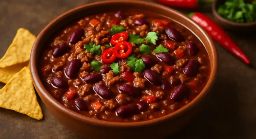 En skål med mustig chili con carne, toppad med färsk chili och koriander. Tortillachips och hela chilifrukter i bakgrunden.
