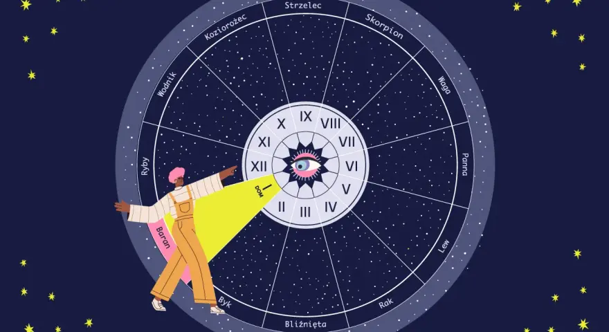 Osoba wskazuje na pierwszy dom astrologiczny w kole zodiaku, otoczonym gwiazdami.