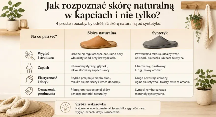 Tabela porównuje skórę naturalną i syntetyk, wyjaśniając, jak rozpoznać skórę ekologiczną co to jest, po wyglądzie, zapachu i dotyku.