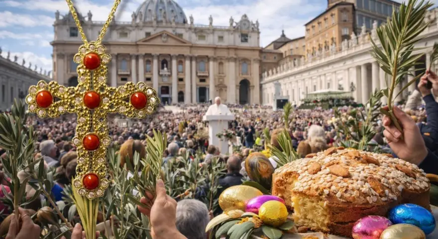 A jeweled cross, palm branches, and Easter treats in front of a crowd gathered for Holy Week in Italy.
