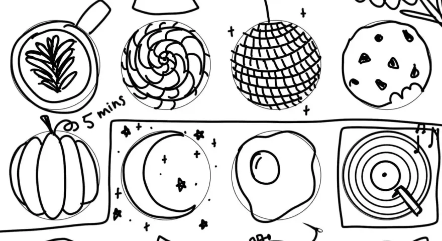 Dessin au trait d'objets divers : tasse, citrouille, lune, œuf au plat, disque vinyle. L'artiste semble être à court d'idée, mais le style est charmant.