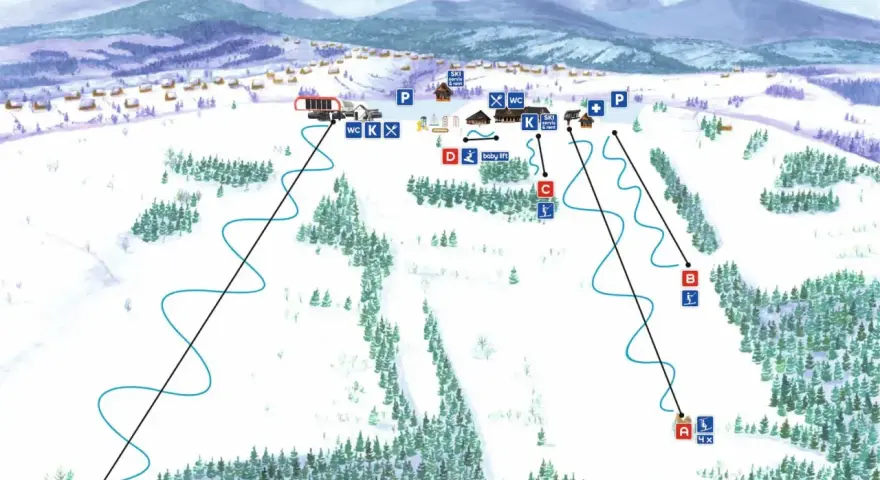 Mapa narciarska Bukowiny Tatrzańskiej z zaznaczonymi trasami, wyciągami i infrastrukturą. Idealna do planowania zimowych aktywności.