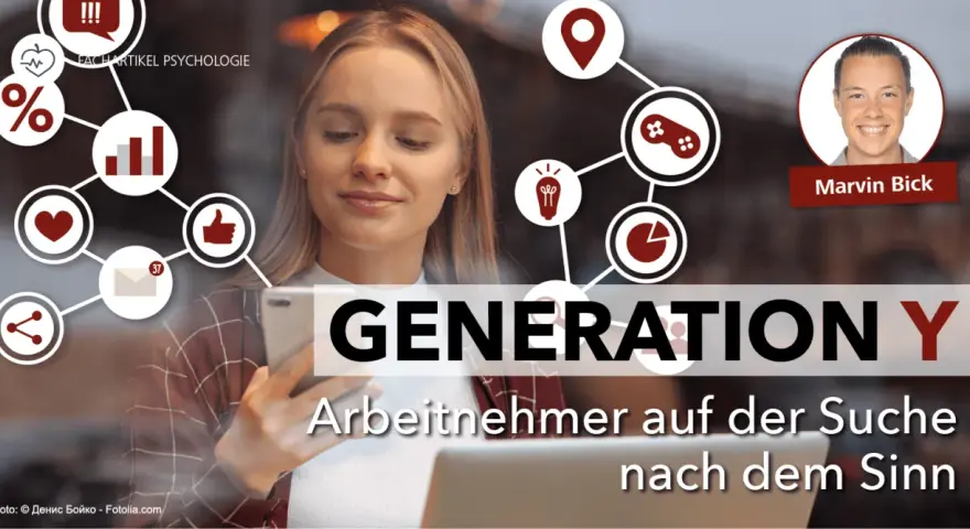 Generation Y: Junge Arbeitnehmer suchen Sinn. Eine junge Frau mit Smartphone und Laptop, umgeben von Symbolen für Psychologie und Social Media.