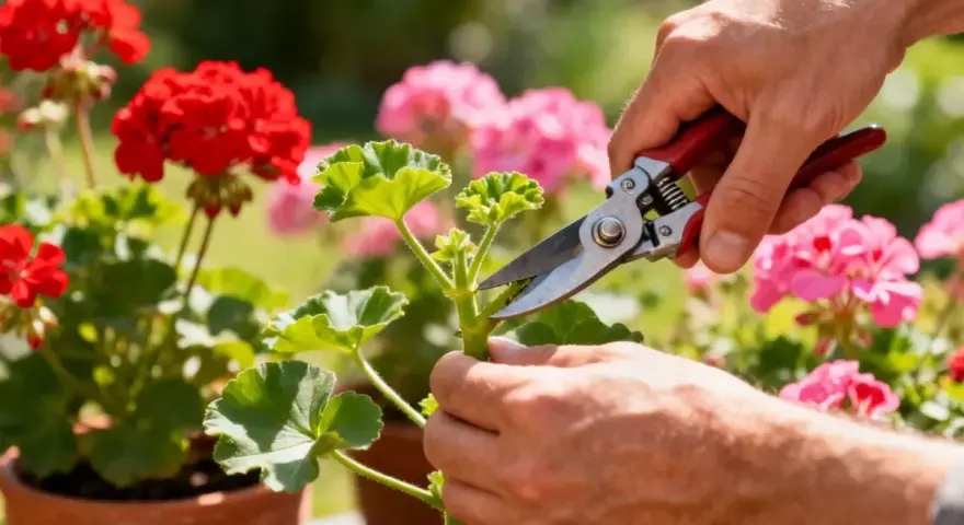 Dłonie przycinają pędy pelargonii, by zachęcić je do bujniejszego wzrostu. W tle kwitnące geranium w doniczkach.