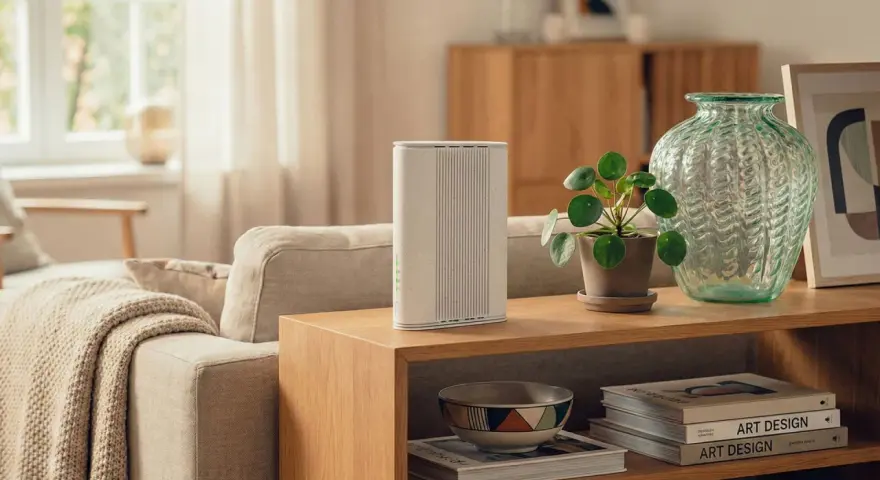 En stilren router på ett sidobord i vardagsrummet, redo för tv via mobilt bredband. En grön vas och en krukväxt ger liv åt inredningen.
