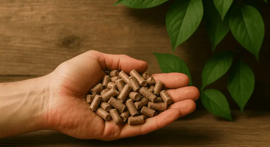 Dłoń trzymająca pellet drzewny, symbol ekologicznego ogrzewania. Sprawdź, czy przysługuje Ci dofinansowanie do pieca na pellet.