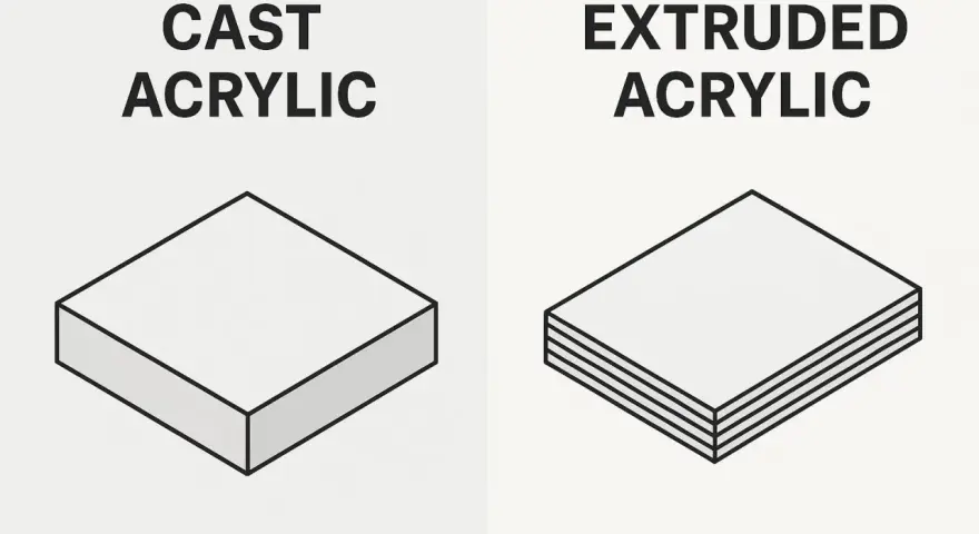 Comparison of extruded vs cast acrylic. Cast acrylic is a solid block, while extruded acrylic shows distinct layers.