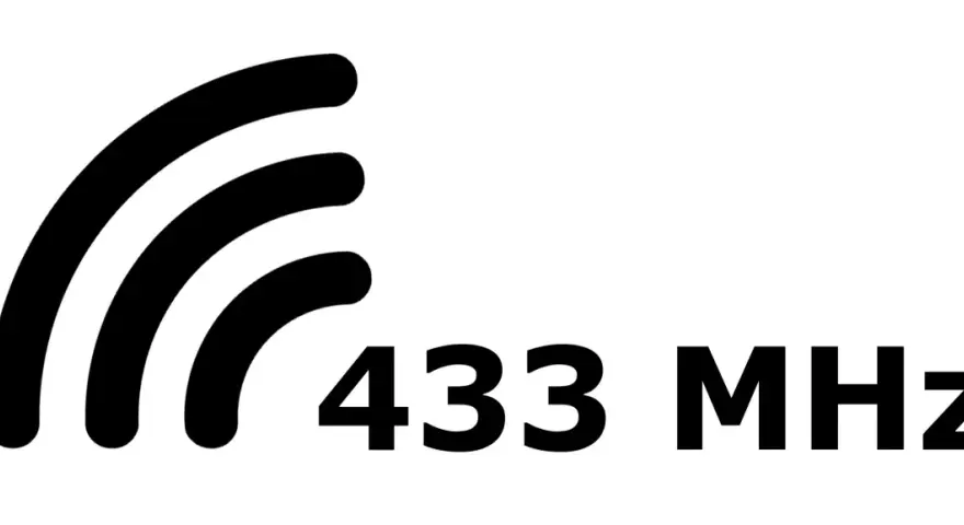 Svart symbol med tre vågformade linjer och texten "433 MHz".