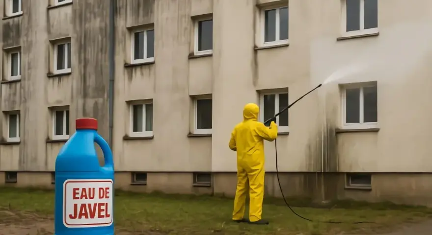 Person en tenue jaune effectuant un nettoyage facade eau de javel sur un mur sale. Une grande bouteille d'eau de javel est posée au sol.