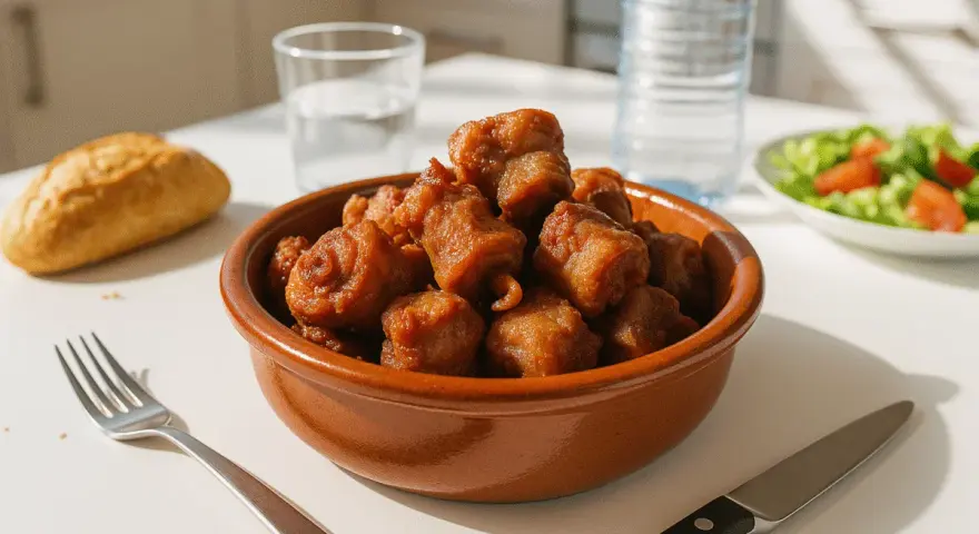 Un cuenco de rabo de cerdo frito, servido con pan, ensalada y agua.
