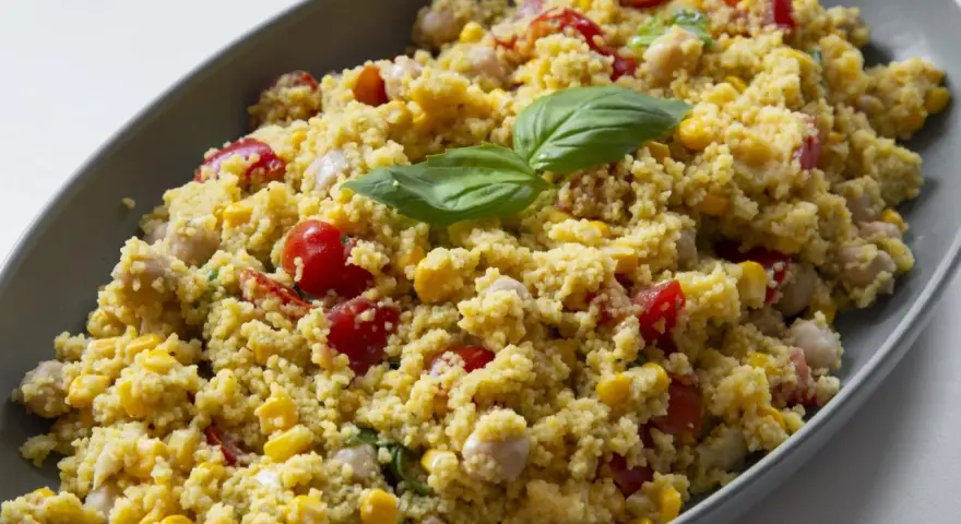 Un piatto colorato con la ricetta cous cous: chicchi dorati, pomodorini, mais e ceci, guarnito con foglie di basilico fresco.