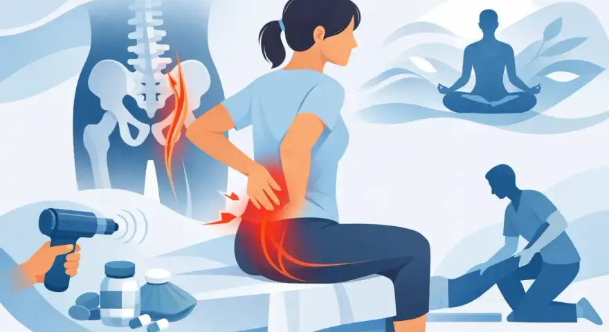 Douleur sciatique fessier que faire ? Illustration montrant une femme souffrant de sciatique, avec des traitements comme la physiothérapie, la méditation et des médicaments.