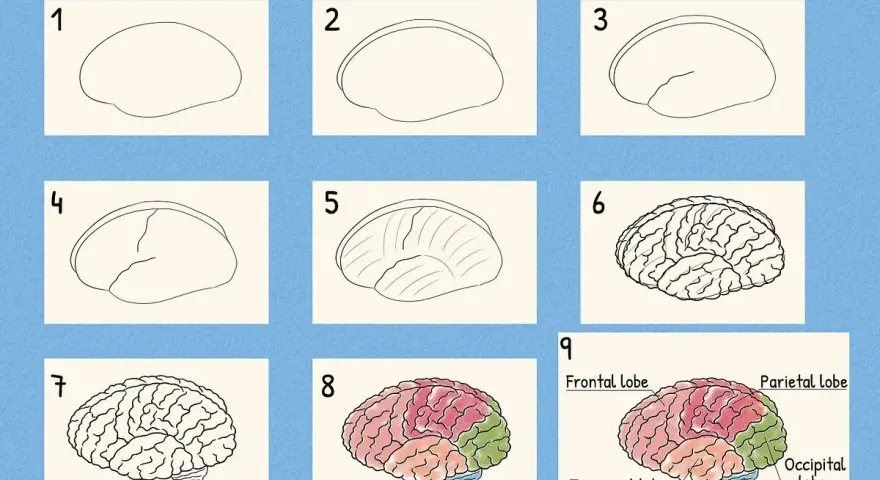 Instrukcja krok po kroku, jak narysować mózg. Pokazuje etapy rysowania od prostego kształtu do szczegółowego, kolorowego modelu z nazwami części.