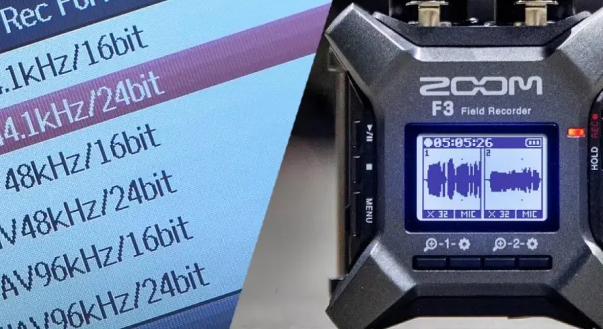 Menu wyboru formatu nagrania na rejestratorze Zoom F3, z opcjami 16-bit i 24-bit.