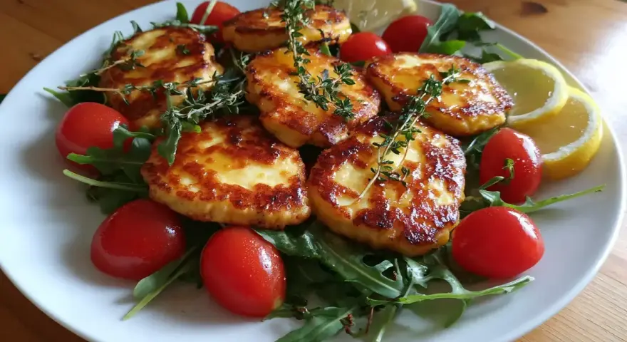 Stekt halloumi med körsbärstomater, ruccola och citron. Ett enkelt och gott halloumi recept som passar perfekt som förrätt eller lätt lunch.