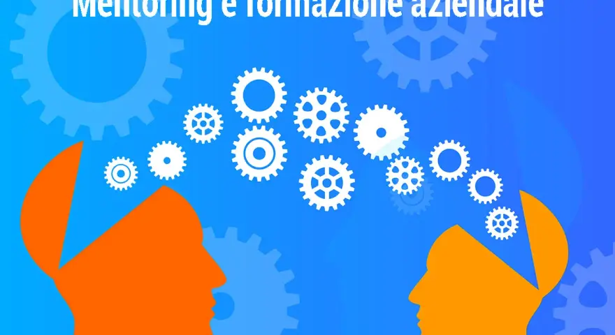 Due profili arancioni stilizzati, con la testa aperta, si fronteggiano. In alto, ingranaggi bianchi simboleggiano il mentoring significato e la formazione aziendale.