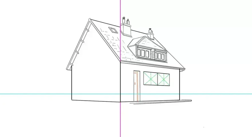 Un dessin d'architecture facile montrant une maison avec une ligne de perspective.