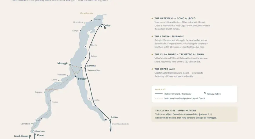 Mappa del lago di Como con indicati i collegamenti in treno e traghetto, ideale per un viaggio in moto sul lago di Como.