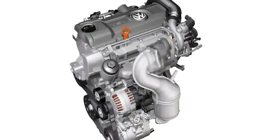 Nowoczesny silnik diesla Volkswagena z turbosprężarką i paskiem napędowym.