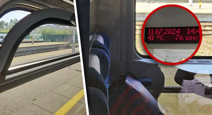 Warszawa awaria pociągów. W upalny dzień 11.07.2024, 14:40, pociąg stoi na stacji, temperatura 41°C, prędkość 76 km/h.