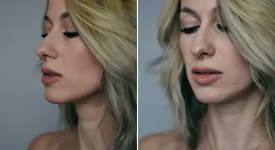 Kobieta z blond włosami i złotym kółkiem w nosie, tzw. septum.