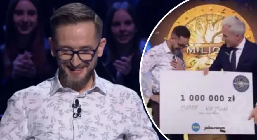 Marek Wojtun wygrał milion w Milionerach! Uśmiechnięty uczestnik odbiera czek z nagrodą.
