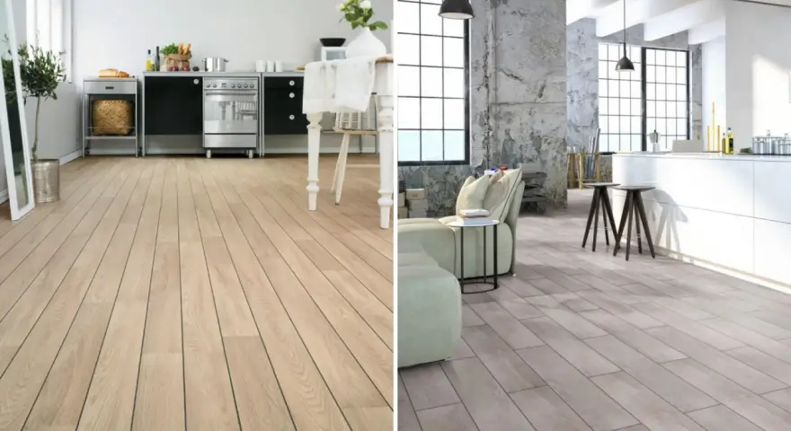 Dos ambientes modernos: cocina con tarima de madera clara y salón con tarima gris, ambas con bisel.