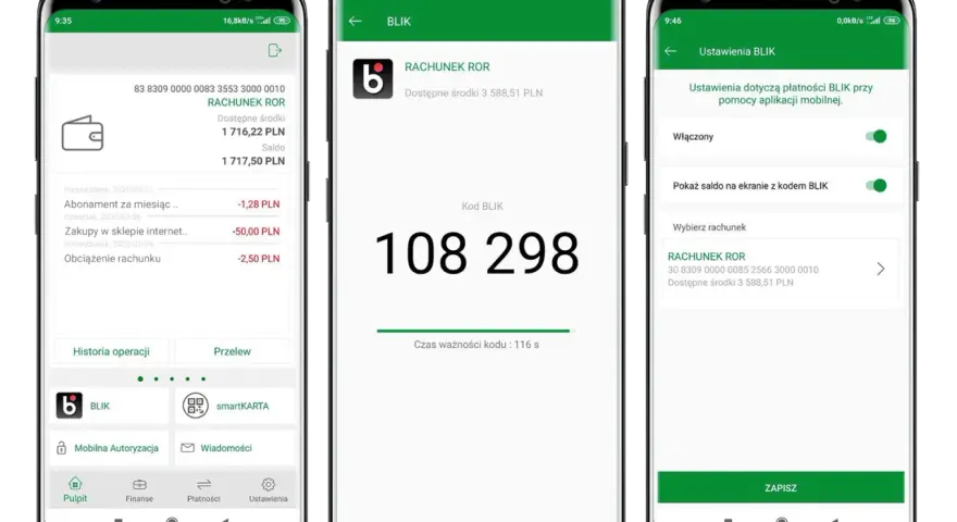 Trzy ekrany smartfonów pokazujące aplikację bankową z kodem BLIK i ustawieniami.