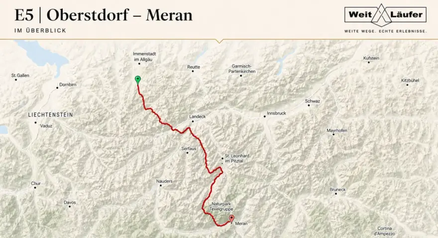 Karte zeigt die Route von Oberstdorf nach Meran durch die Alpen, vorbei an Immenstadt, Landeck und dem Naturpark Texelgruppe.