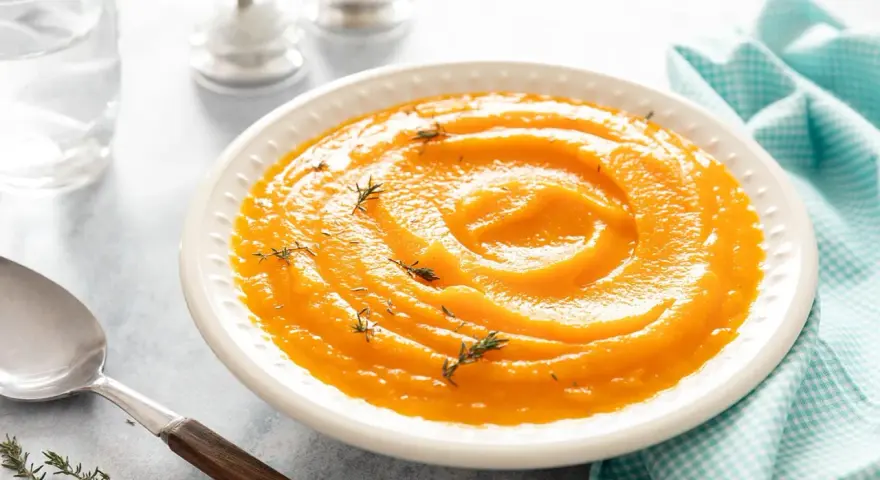 Un bol de velouté de purée de butternut, garni de thym frais, prêt à être dégusté avec une cuillère en argent.