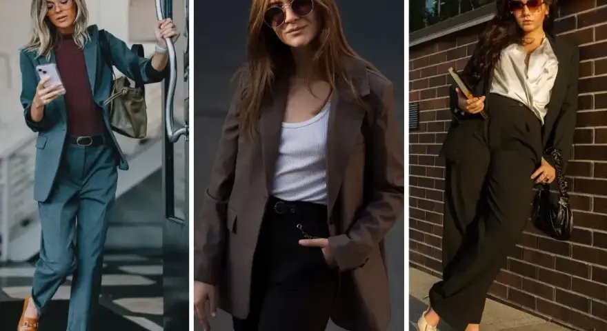 Elegancka stylizacja do pracy: trzy kobiety w garniturach, każda prezentuje inny, modny zestaw.