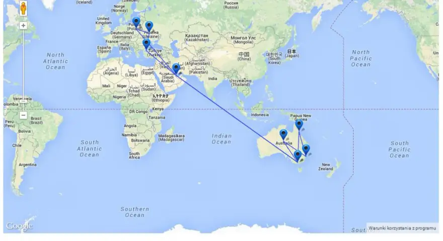 Trasa lotnicza z Europy do Australii. Zobacz, ile się leci do Australii, pokonując 40537 km.