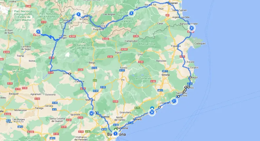 A scenic road trip from Barcelona, winding through the Pyrenees, coastal towns like Cadaqués, and historic cities like Girona.