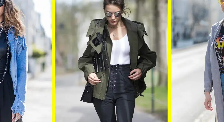 Tre donne sfoggiano un outfit casual: giacca di jeans, giacca verde militare e cappotto lungo grigio.