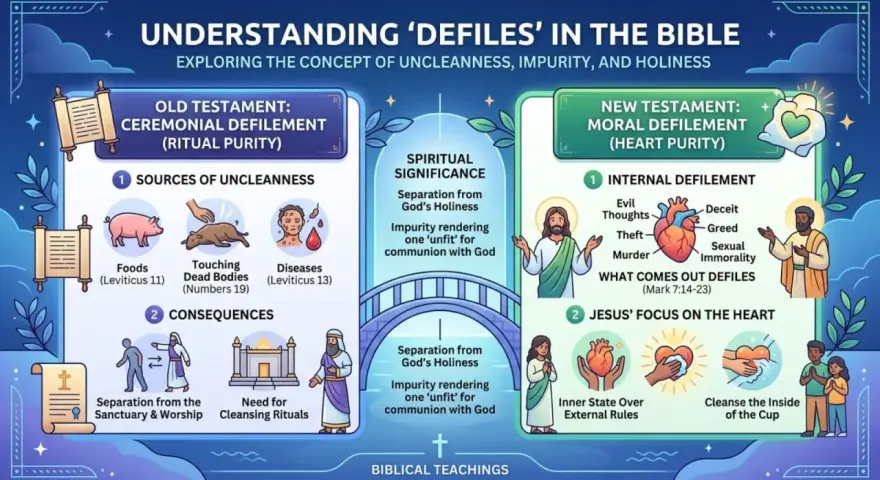 Biblical teachings on defilement: Old Testament ceremonial vs. New Testament moral defilement, showing sources and consequences.