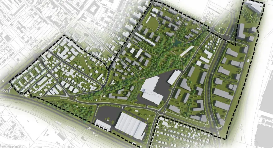 Wizualizacja urbanistyczna z zaznaczonym obszarem zabudowy i rozległym pasem zieleni, tworzącym serce projektu.
