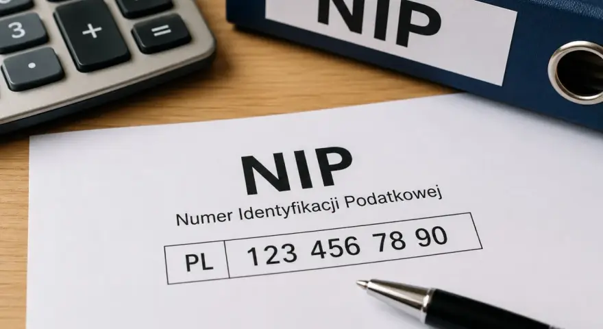 Numer identyfikacji podatkowej, czyli NIP, to ważny dokument. Na zdjęciu widać formularz z numerem NIP, kalkulator i segregator z napisem NIP.