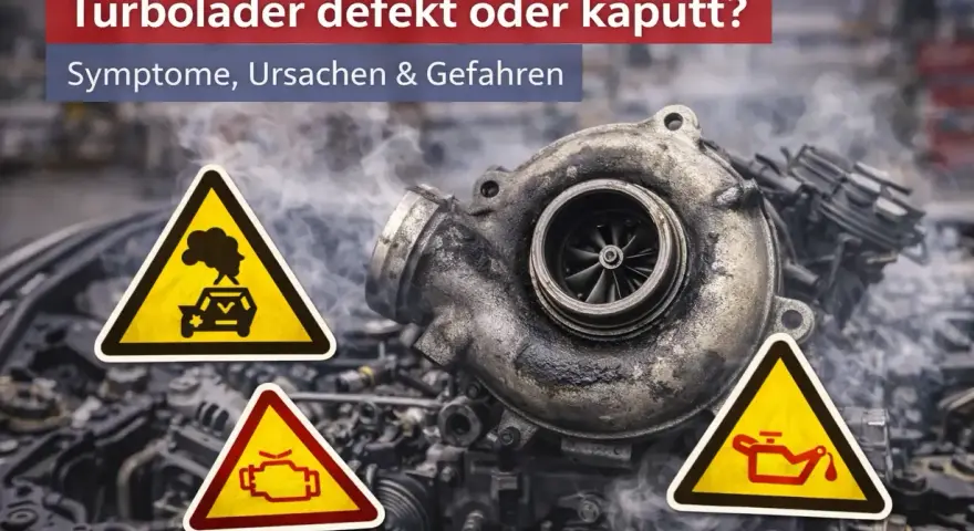 Ein defekter Turbolader mit Warnsymbolen: Rauch aus dem Auspuff, Motorkontrollleuchte und Ölverlust. Ursachen für einen Turbolader defekt sind vielfältig.