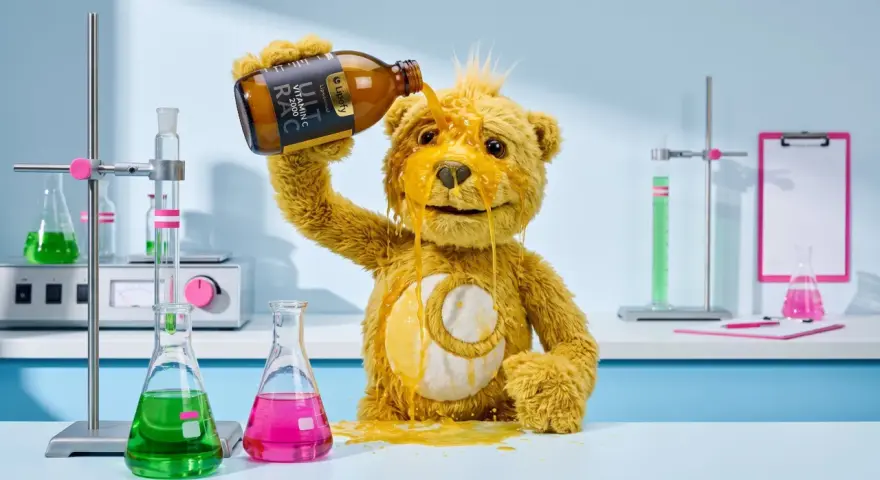 Ein Teddybär kippt eine Flasche Vitamin C über sich. Das ist wohl zu viel Vitamin C!